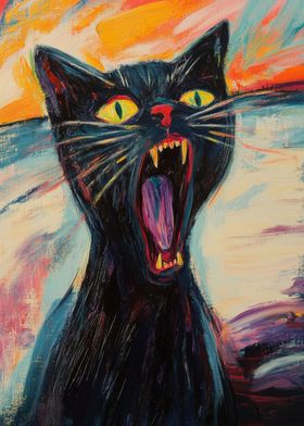 Screaming Black Cat Painting