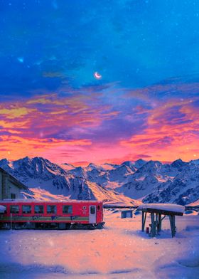 Train in Snowy Mountains