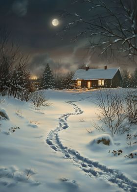 Snowy Cabin Night