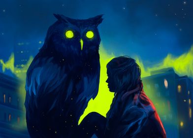 Owl and Girl in Cityscape