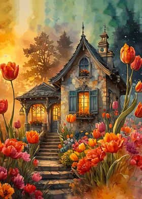 Stone Cottage with Tulips