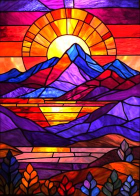 Stained Glass Sunset Mountains