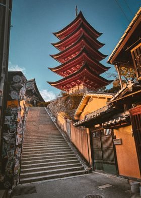 Japanese Pagoda and Stone Steps at Miyajima