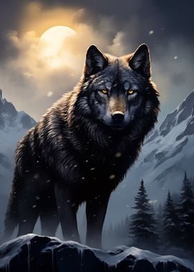 Black Wolf in Snowy Mountains