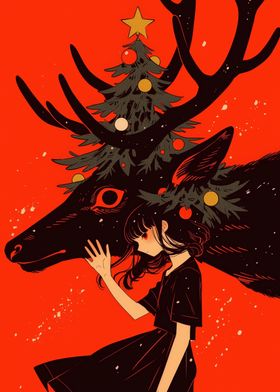 Christmas Deer and Girl