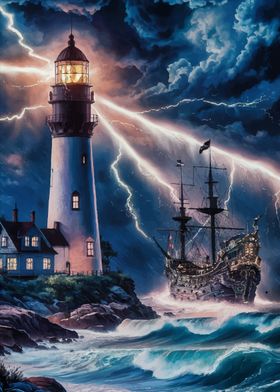 Lighthouse and Ship in Storm