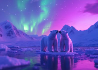 Polar Bears Under Aurora Borealis