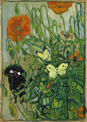 Van Gogh Poodle Butterfly Poppy Art