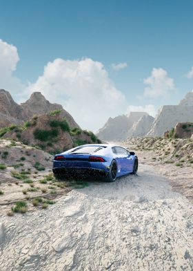 Blue Lamborghini on Desert Road