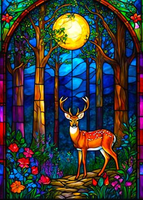 Stained Glass Deer in Forest