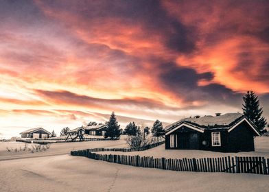 Snowy Cabin Sunset