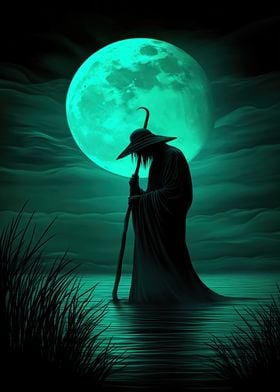 Mystic Wanderer Silhouetted  Under the Green Moon