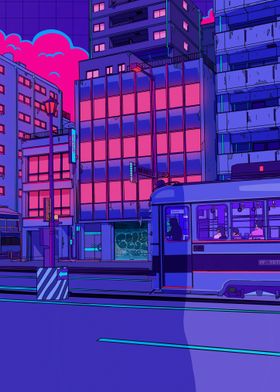 Neon Cityscape with Tram