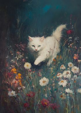 White Cat in Flower Field