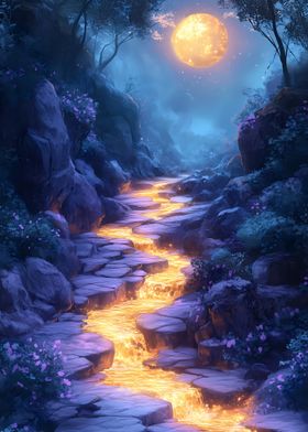 Golden River in Moonlit Valley