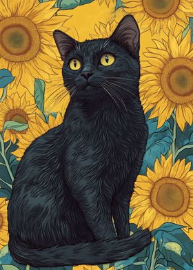 Black Cat and Sunflowers