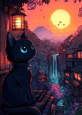 Black Cat Sunset in Japan