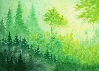 Glowing Green Watercolor Forest