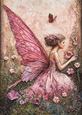 Butterfly Pink Fairy in a Flower Garden