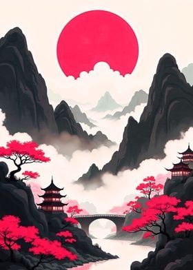 Japanese Mountains Under Red Moon Landscape