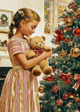 Girl with Teddy Bear by Christmas Tree