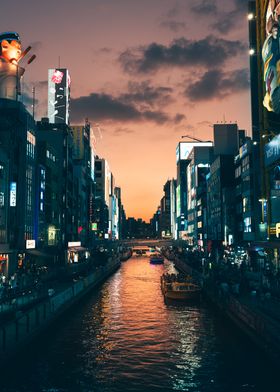 osaka Japanese City Canal at Dusk