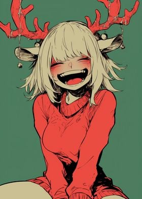 Smiling Anime Girl with Deer Antlers