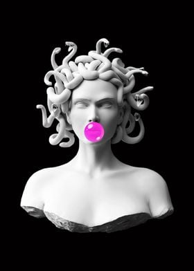 Medusa blowing pink bubblegum bubble