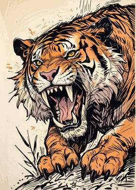 Roaring Sabertooth Tiger Illustration