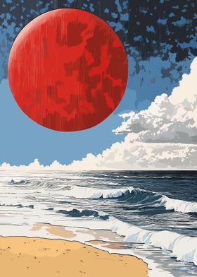 Red Moon Over Ocean