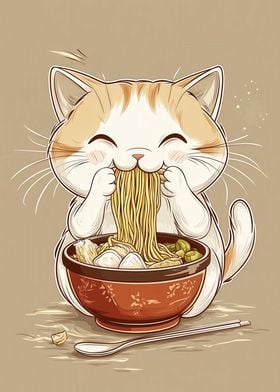 Cute Cat Eating Ramen