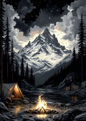 Campfire Under Snowy Peak