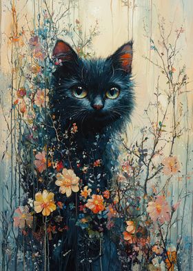 Black Cat in Flowers