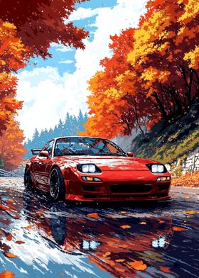 Red Sports Car Autumn Drive