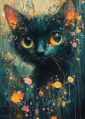 Black Cat in Flowers