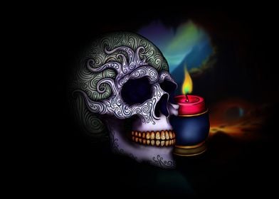 Ornate Skull with Candle