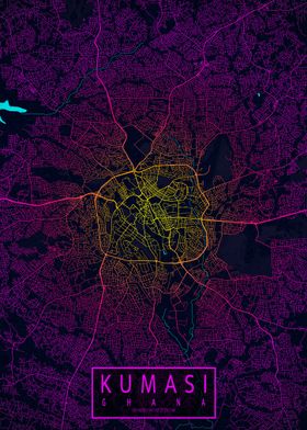 Kumasi City Map Ghana Neon