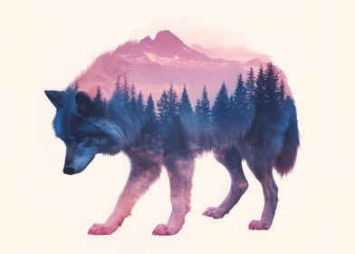 Wolf and Mountain Double Exposure