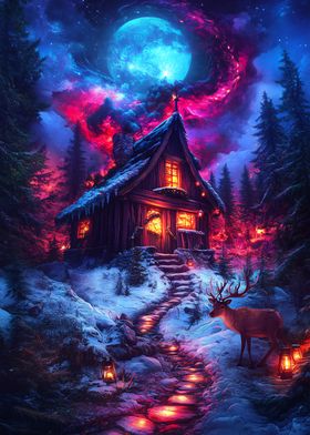 Winter Cabin Under a Cosmic Sky