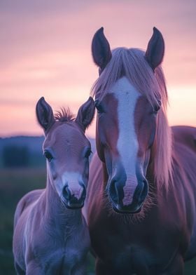 Horse and Foal at Sunset