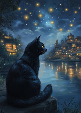 Black Cat Night Cityscape - Cat In The Starry Night