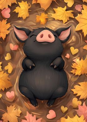 Cute Pig in Autumn Leaves