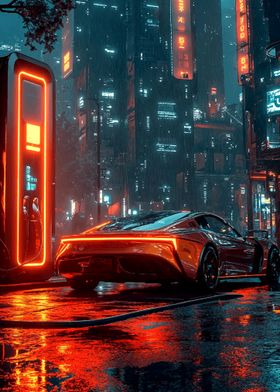 Cyberpunk Cityscape with Car