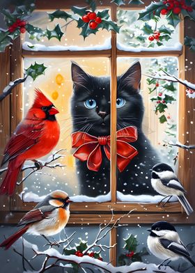 Black Cat & Birds Winter Window