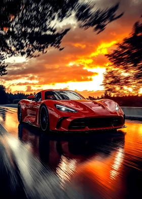 Red Sports Car Sunset