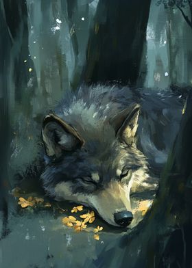 Sleeping Wolf in Forest