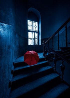 Red Umbrella on Stairs