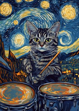 Cat Drummer Starry Night