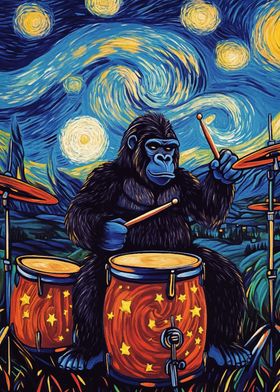 Gorilla Drummer Starry Night