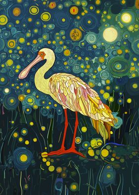 Spoonbill in Starry Night Forest